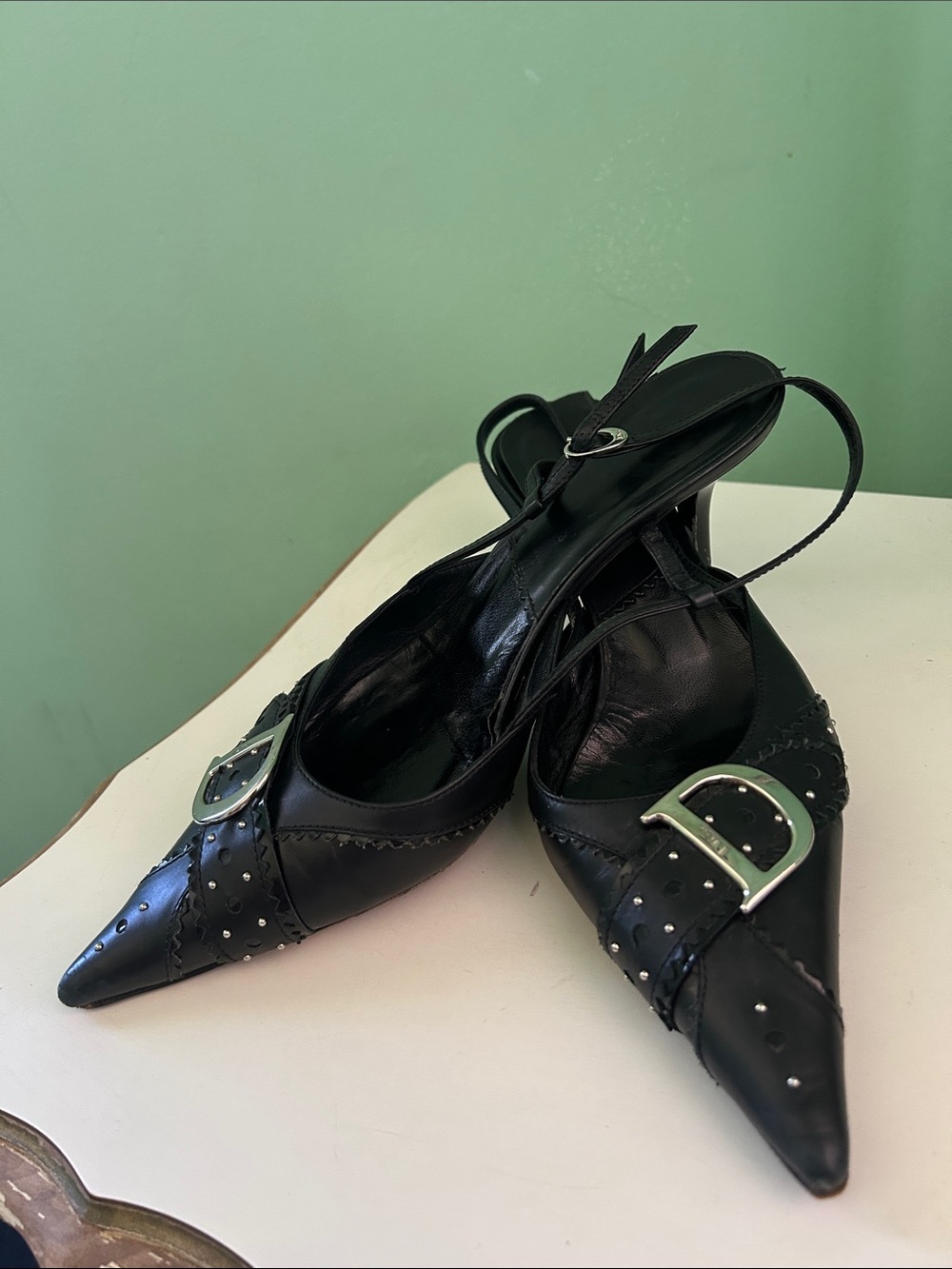Dior Black Pointed Leather Slingback Heels with Silver D Buckles - Picture 2 of 5